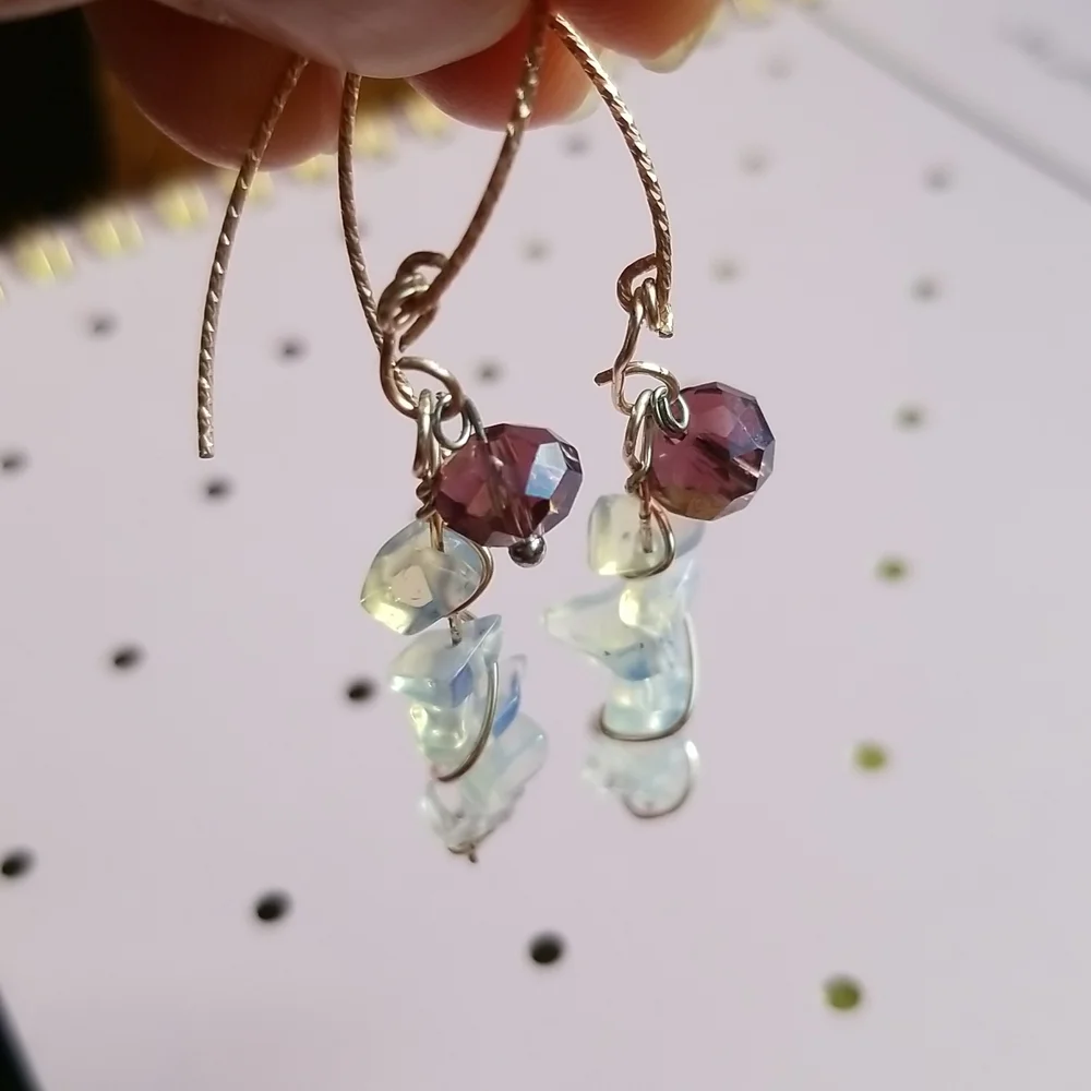 Handmade Earrings - Moonstone Chips & Dark Lilac Crystal Rondelle - EUC - Picture 6 of 7